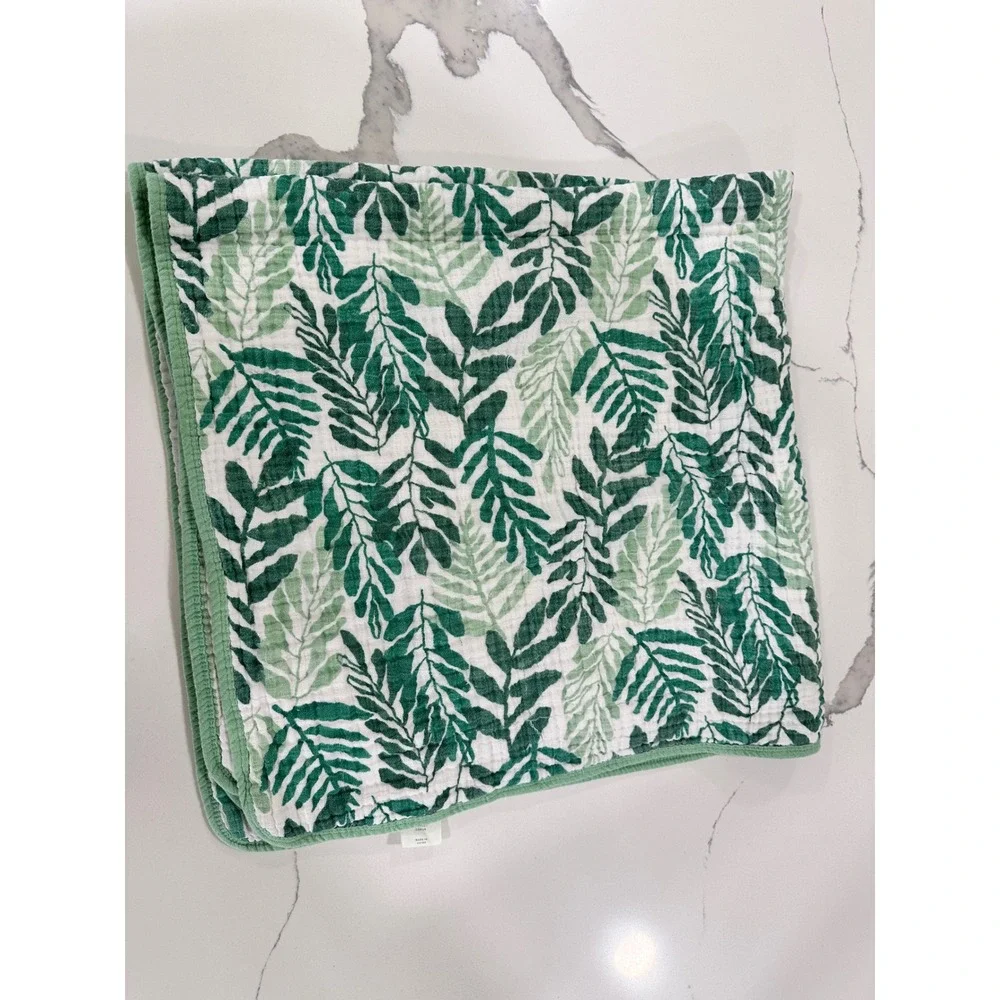 Cloud Island Green Leaf Botanical Striped Muslin Cotton Baby Blanket Quilt